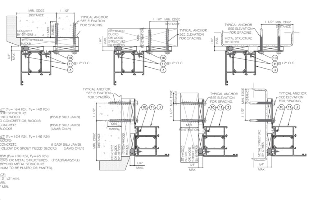 Horizontal and vertical section details through frame width and height
